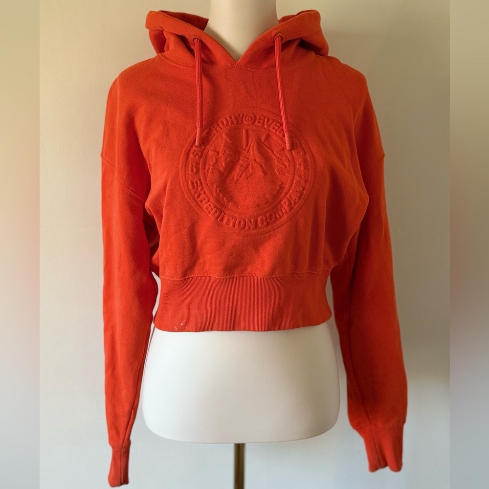 Superdry Expedition Orange Cropped Embossed Boxy Hoodie Womans Size 8